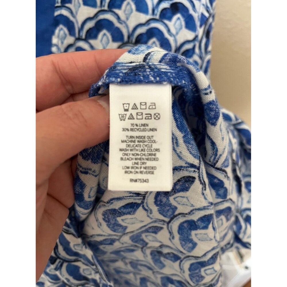 Sigrid Olsen 100% Linen Blue/White Print 3/4 Sleeve Popover Top Blouse Size MED - Picture 5 of 8